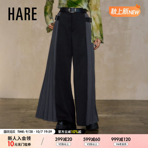 HARE休闲裤女2026秋季新款日系通勤高腰侧扣百褶阔腿裙裤1076529