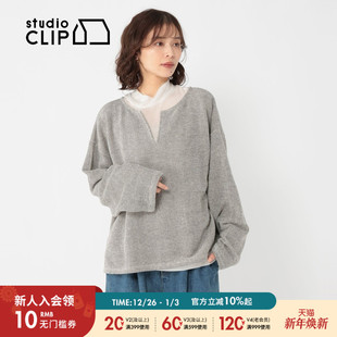 纯色复古纹理宽松长袖 studio 新款 T恤女2026春季 上衣608712 CLIP