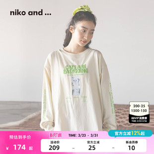 潮流印花棉质长袖 niko 新款 ...T恤女2026春季 上衣633303 and