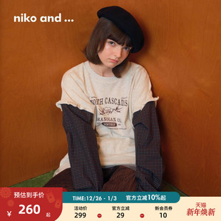 日系印花拼接格纹袖 niko 新款 ...卫衣女2026年春季 上衣580703 and