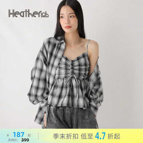 格纹吊带背心 褶皱下摆遮肉显瘦