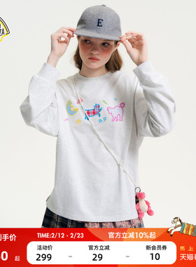 SEE YOU at PIZZA T恤女2026春季新款圆领小猫贴布长袖上衣647326