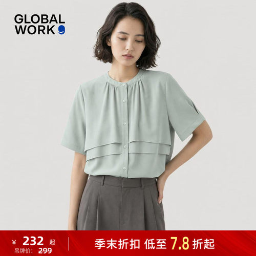 GLOBAL WORK 衬衫女2026夏季新款立领层叠拼接短袖雪纺衫684041