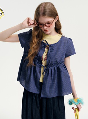 SEE YOU at PIZZA衬衫女2026春季新款小格子棉质系带罩衫655764