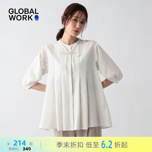 GLOBAL WORK 衬衫女2026夏季新款文艺甜美蝴蝶结褶皱上衣636618