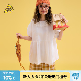 PIZZA 上衣590948 YOU 甜美花边领短袖 SEE 新款 衬衫 女2025夏季