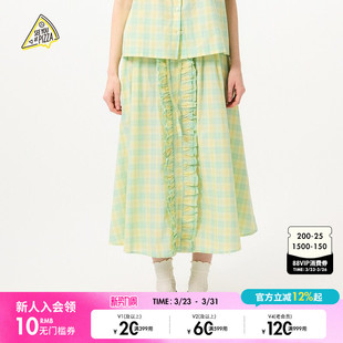PIZZA裙子女25年夏新款 木耳边抽绳格纹半身裙491030 YOU SEE
