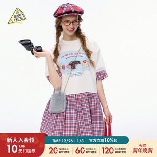 YOU 新款 T恤女2025夏季 格纹拼接印花休闲T恤494830 PIZZA SEE