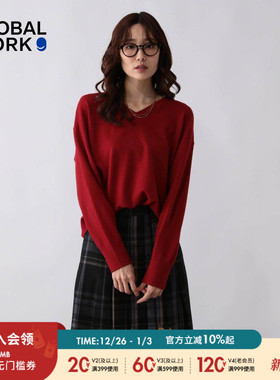 GLOBAL WORK 针织衫女2025冬季新款纯色长袖休闲V领打底衫581170