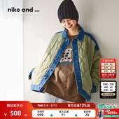 niko 拼接菱格复古休闲夹棉上衣578339 新款 and ...棉服女2025冬季