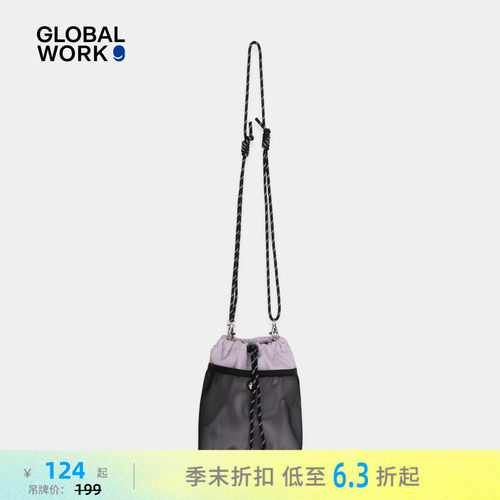 GLOBAL WORK 包袋女2026新款网面拼接抽绳斜挎水桶包655806