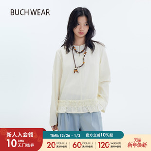 甜美简约圆领木耳边长袖 BUCH 新款 女2025秋季 上衣594852 WEAR衬衫