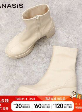 JEANASIS时装靴女2025春夏日系纯色滑面厚底高跟短靴123426