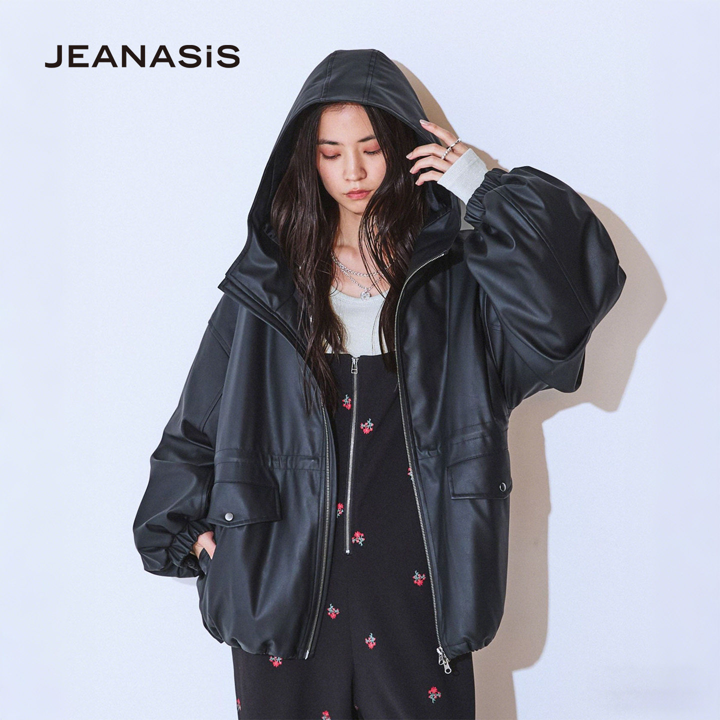 JEANASIS棉服女2026春季仿皮质夹克服哑光可收腰连帽外套634608