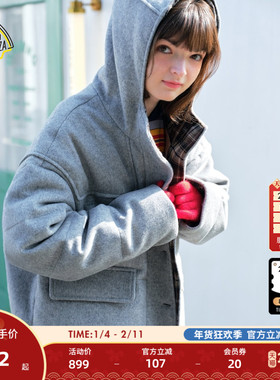 SEE YOU at PIZZA羽绒服女25冬新款羊毛混纺牛角扣连帽外套641335