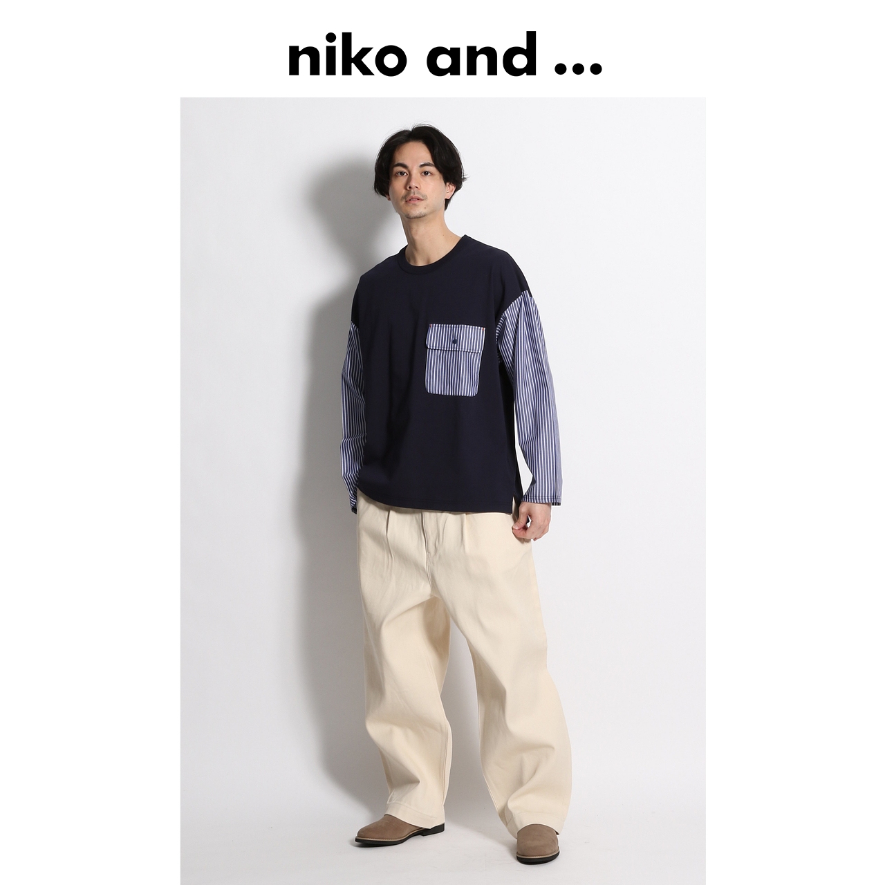 niko and…长袖t恤男2022新款圆领拼接休闲冬内搭口袋上衣934820