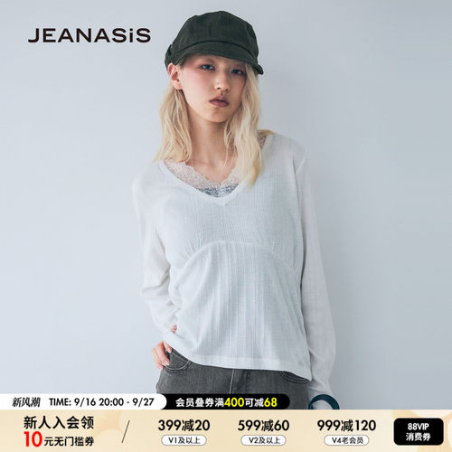 JEANASIS蕾丝衫女2026秋季新款日系蕾丝花边V领长袖上衣1067537