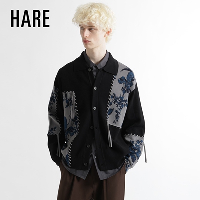 HARE针织衫男2026春季新款拼接编织花卉老钱风开衫647631