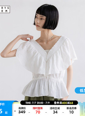 LOWRYS FARM衬衫女2026夏季新款荷叶边V领棉质短袖上衣668391
