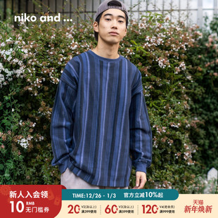 复古条纹棉质长袖 niko 新款 ...卫衣男2025冬季 上衣607124 and