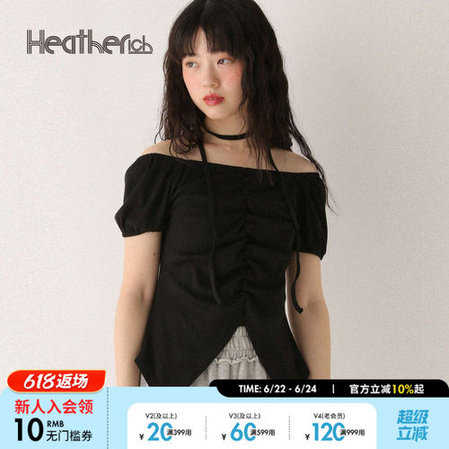 Heatherich T恤女2025夏季新款纯色修身抽褶一字领开叉上衣573223