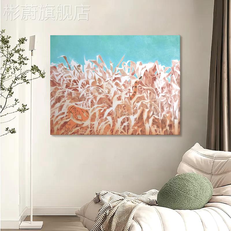 网红抽象植物理客厅装饰肌卡通老虎画玄关过道挂画横版创意纯手绘图片