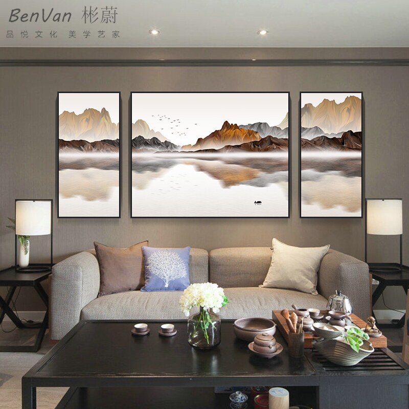 新中式客厅装饰画家庭沙发背景挂画背有靠山墙壁墙面定做墙画山水