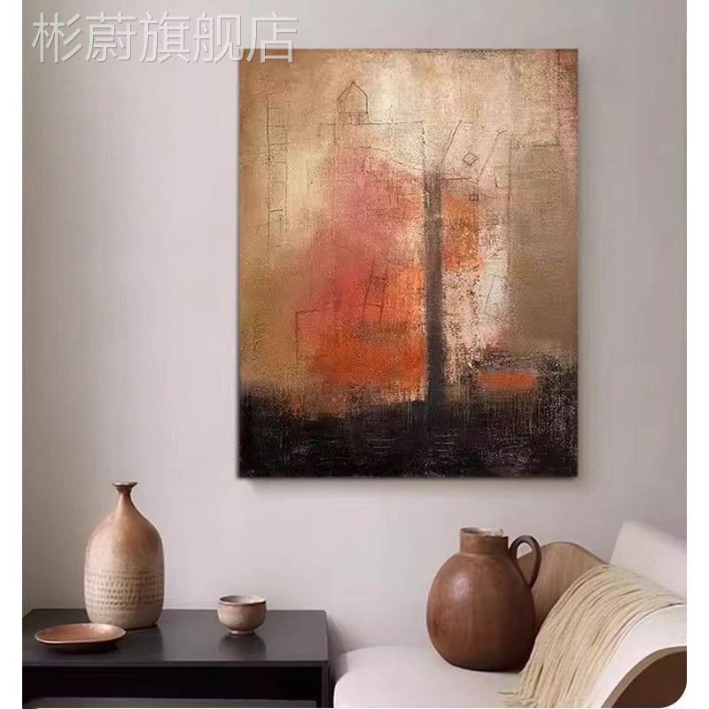 网红手绘画高象档民宿复中古客厅地落画古侘寂风抽肌理玄关油装饰图片