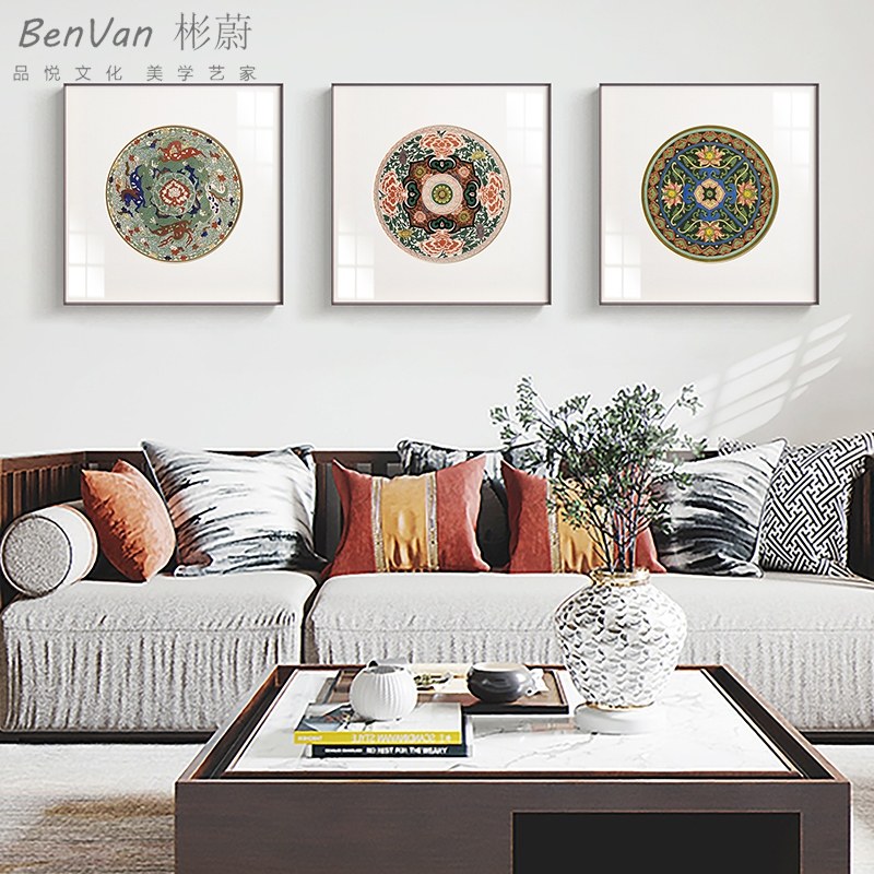 云福忍冬新中式装饰画客厅沙发背景墙壁画挂画民族风三联青花定做