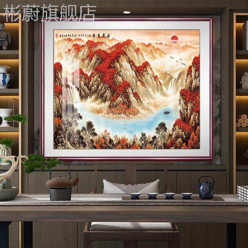 网红室万里长城靠山图老风板办公背景墙挂画山水国画中堂客厅景装