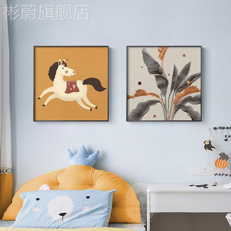 网红儿童房卧床室装饰画房间过道墙画正方形上小头羊小马挂装饰壁图片