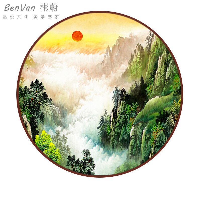 有山无水画旭日东升图新中式风水招财靠山客厅挂画日出圆形装定做