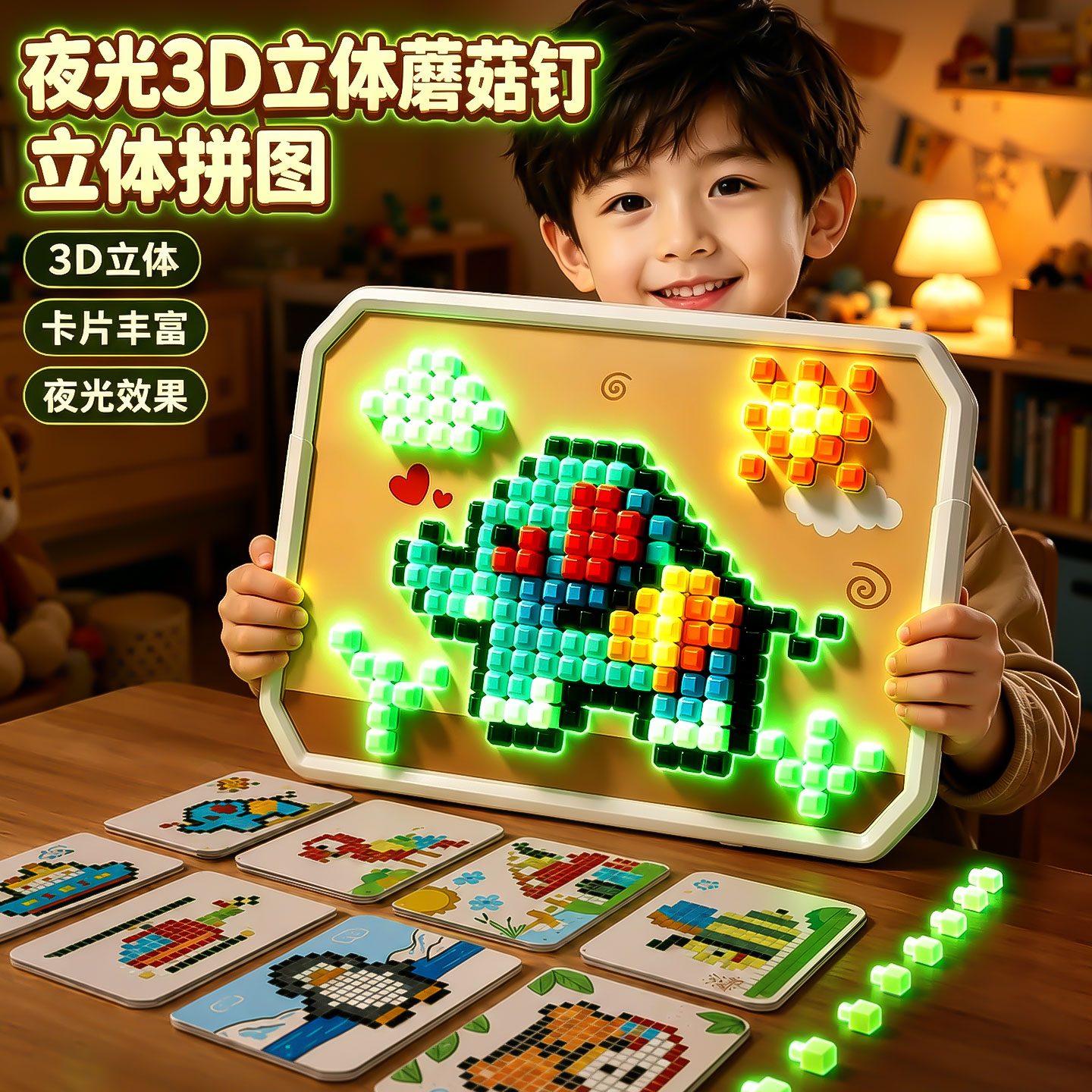 3D立体插插乐蘑菇钉2026火爆玩具儿童夜光益智拼图拼装专注力训练