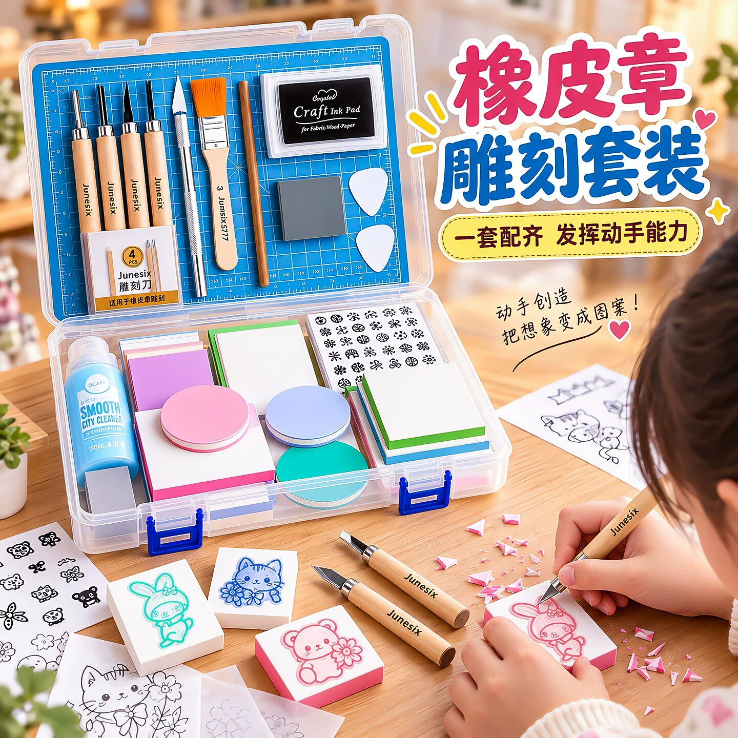 橡皮章雕刻套装新手入门手工diy材料包雕刻刀橡皮砖板印章泥转印水硫酸纸可揭可撕夹心初中美术版画篆刻素材