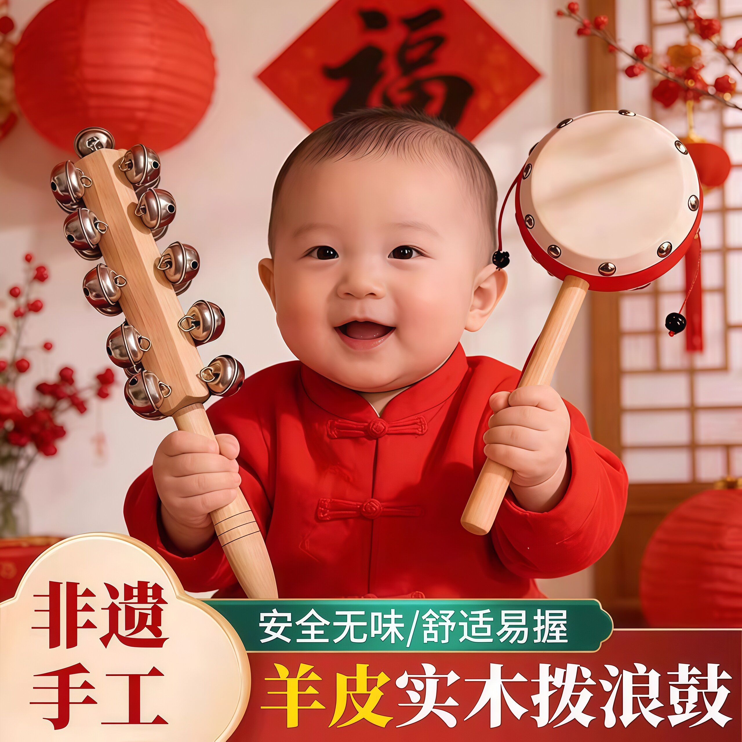 木质羊皮传统手摇拨浪鼓可啃咬图片