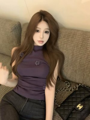 小香风紫色花朵坎肩背心女秋冬半高领无袖上衣独特绝美打底衫内搭