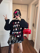 暗黑kt少女慵懒黑色kt印花大版 Pang You 卫衣T恤女宽松圆领上衣