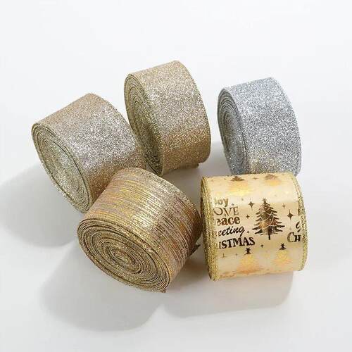 2m 2025 Christmas Ribbon Golden Silver Champagne Polyester G