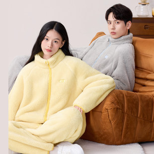红豆可外穿情侣保暖睡衣冬季 立领男家居服抗静电加厚女珊瑚绒套装
