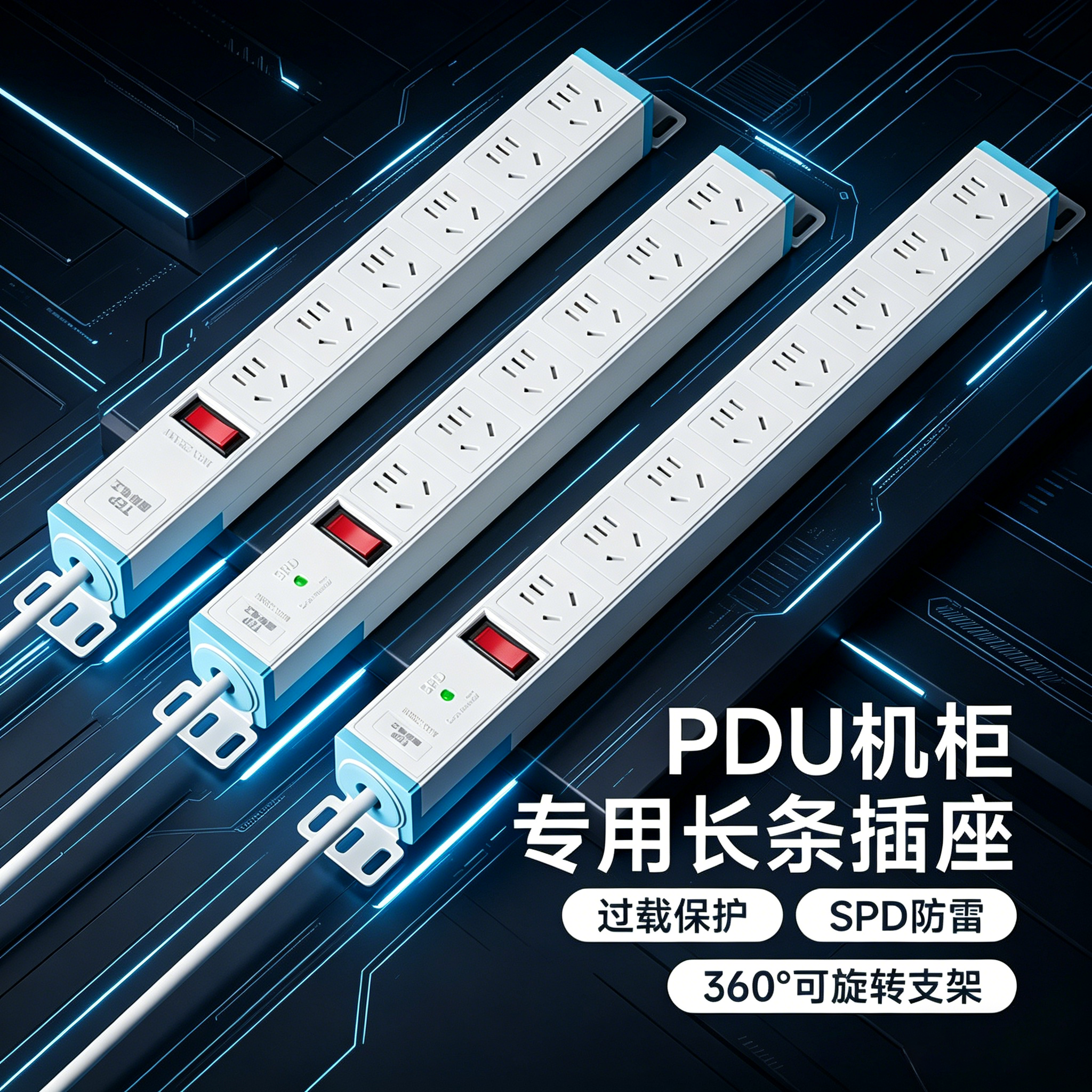 国际电工PDU机柜插排长条插座防雷过载保护电竞房办公宿舍接线板