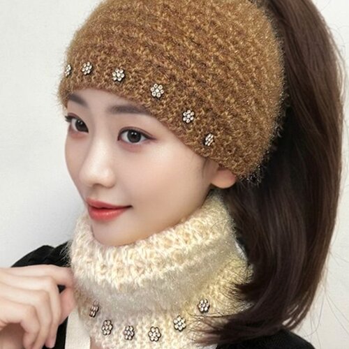 秋冬保暖遮白发头套毛线帽子女宽边护额发带帽针织帽头巾包头帽女