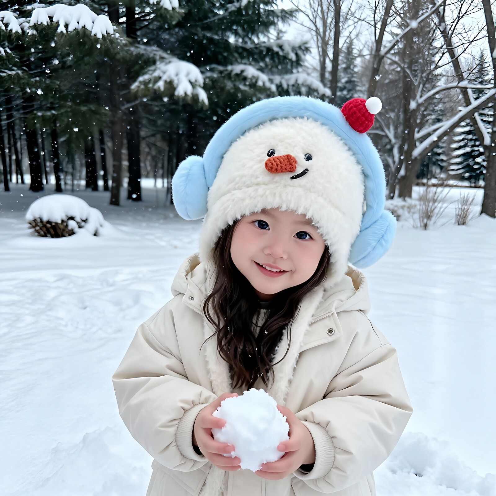 耳机雪人帽毛线系带可调节儿童帽子女孩护耳保暖包头帽子柔软亲肤