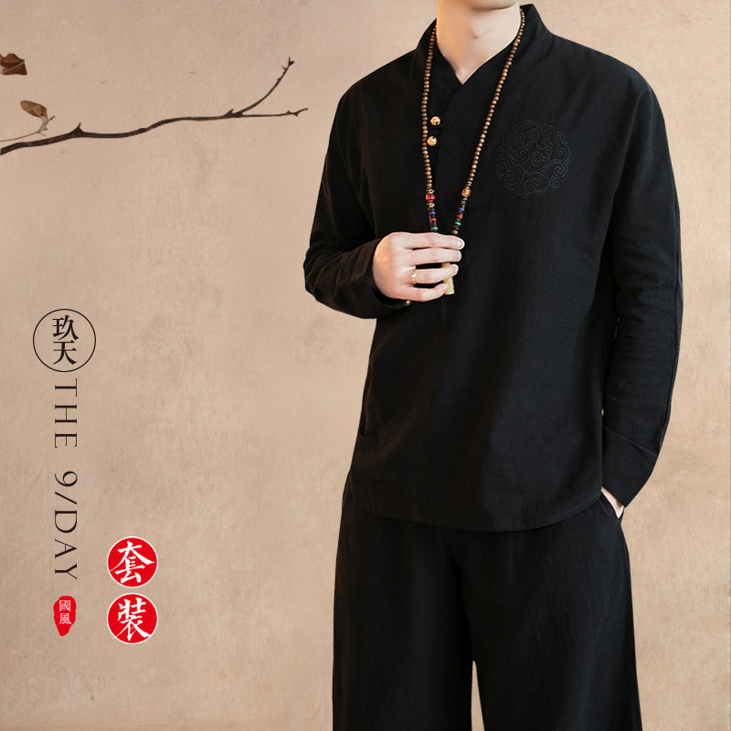봄 중국 스타일 남성 캐주얼 정장 당나라 정장 평신도 정장 HANFU 느슨한 린넨 도교 가운 2 피스 세트