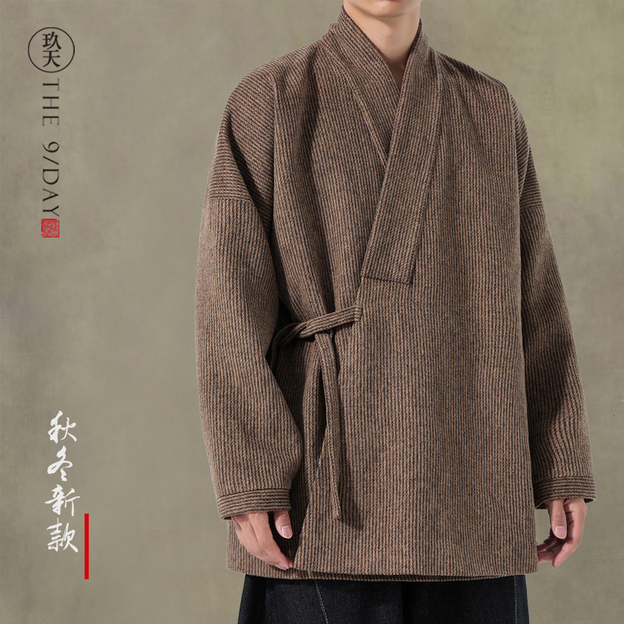 秋冬交领汉服复古风唐装毛呢中式外套居士服禅服中国风斜襟道袍
