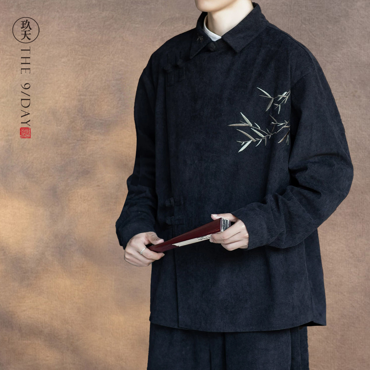 秋冬新中式男装长袖唐装中国风汉服盘扣衬衫斜领竹叶刺绣中式外套