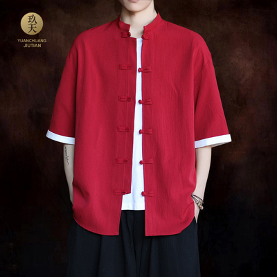 立领短袖中式衬衫免烫盘扣唐装
