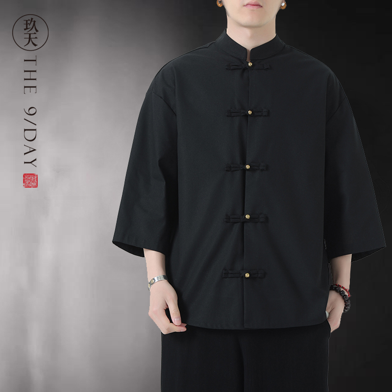 中国风夏季棉麻衬衫汉服新中式男装短袖唐装五分袖亚麻盘扣衬衣