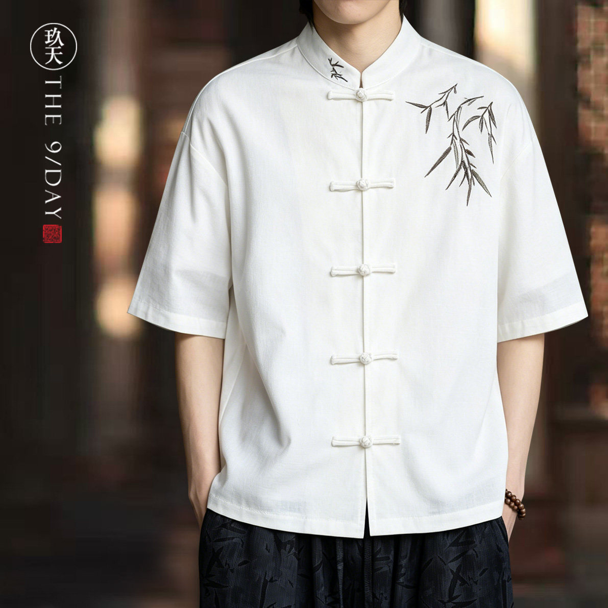 新中式男装天丝亚麻短袖唐装衬衫中国风刺绣竹子衬衣汉服薄款上衣