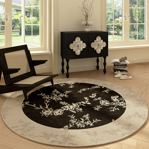 覆古圆形地毯客厅沙发茶几卧室床边化妆化妆台椅子地垫黑色高级感