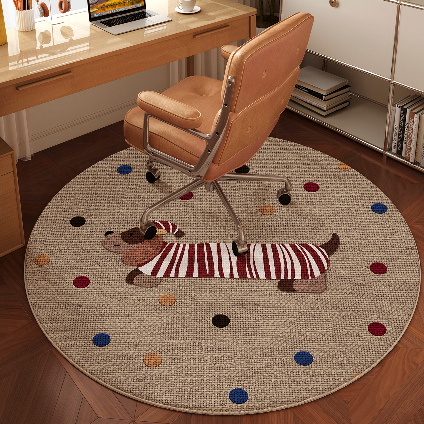 圆形转椅地垫免洗中古风仿亚麻电脑桌下地毯书桌椅子静音防滑垫子